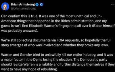 Warren y Gensler intentaron eliminar la industria cripto, denuncia CEO de Coinbase